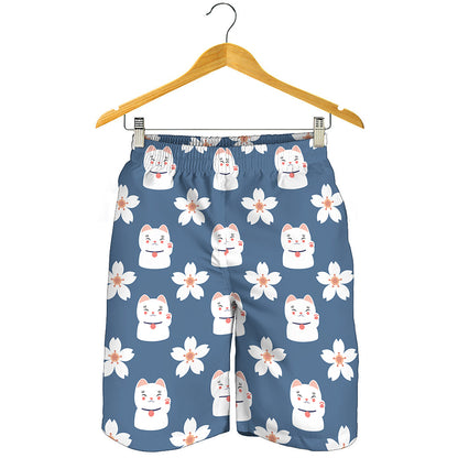 Japanese Lucky Cat And Sakura Print Men's Shorts