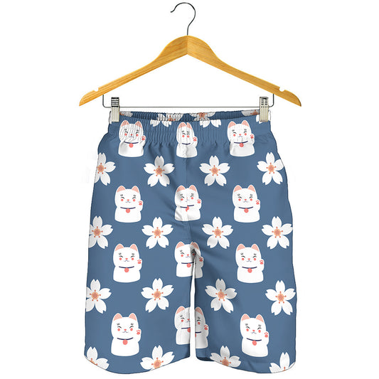 Japanese Lucky Cat And Sakura Print Men's Shorts