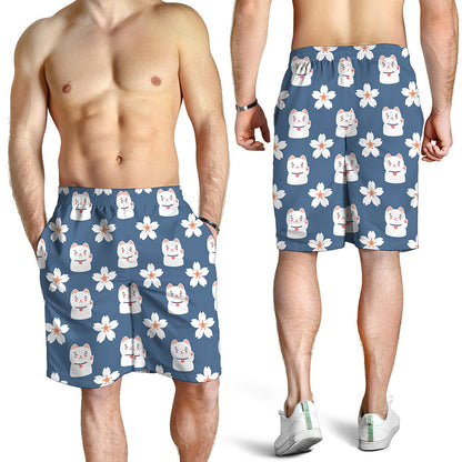 Japanese Lucky Cat And Sakura Print Men's Shorts