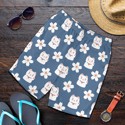 Japanese Lucky Cat And Sakura Print Men's Shorts