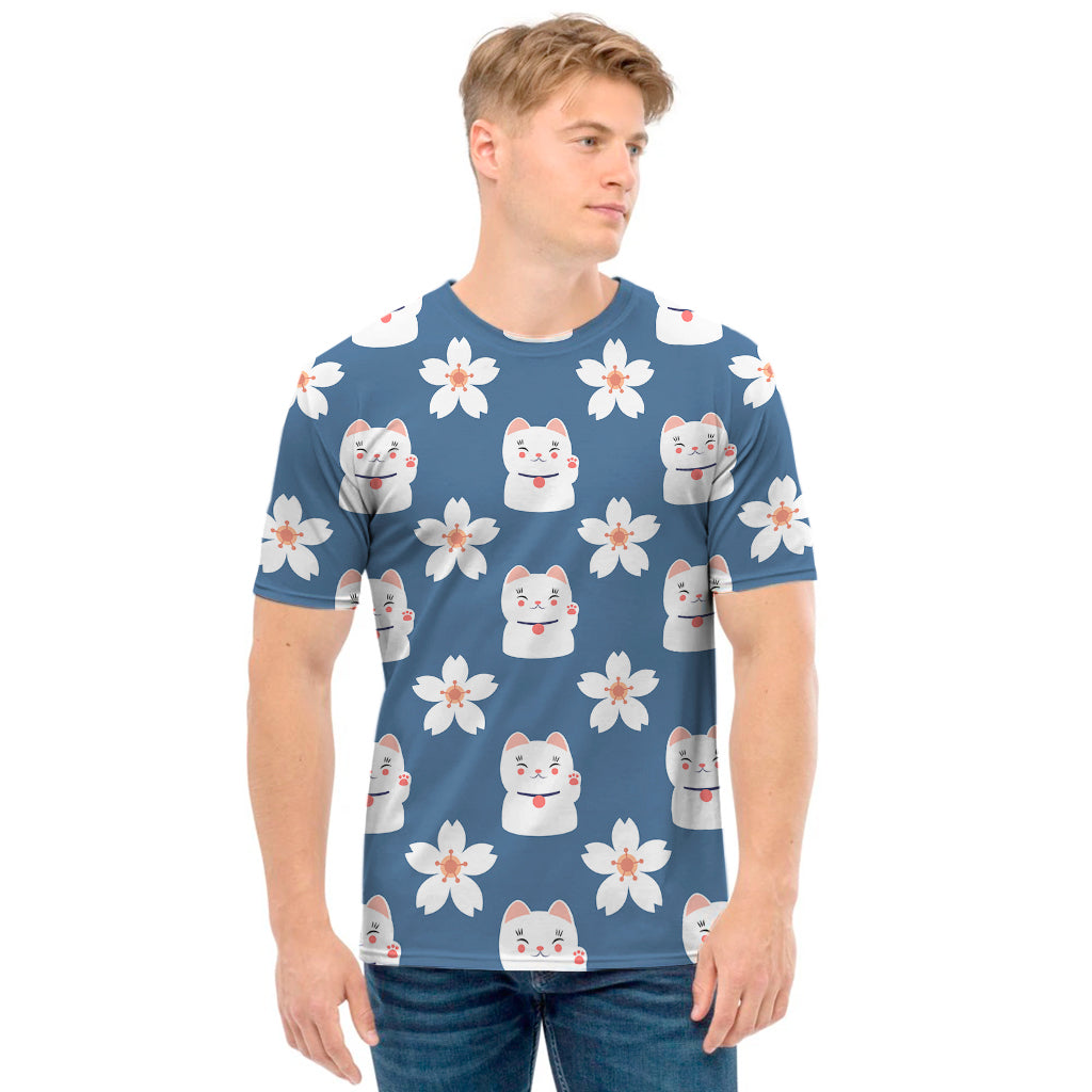 Japanese Lucky Cat And Sakura Print Men's T-Shirt