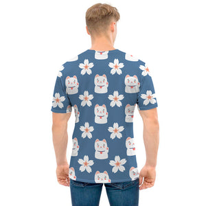 Japanese Lucky Cat And Sakura Print Men's T-Shirt