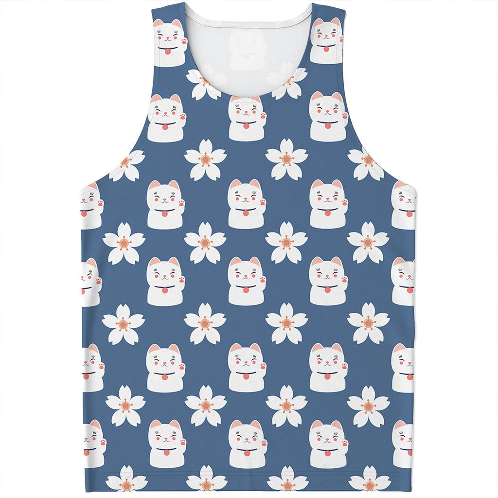 Japanese Lucky Cat And Sakura Print Men's Tank Top