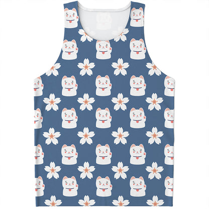Japanese Lucky Cat And Sakura Print Men's Tank Top
