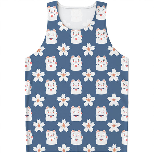 Japanese Lucky Cat And Sakura Print Men's Tank Top