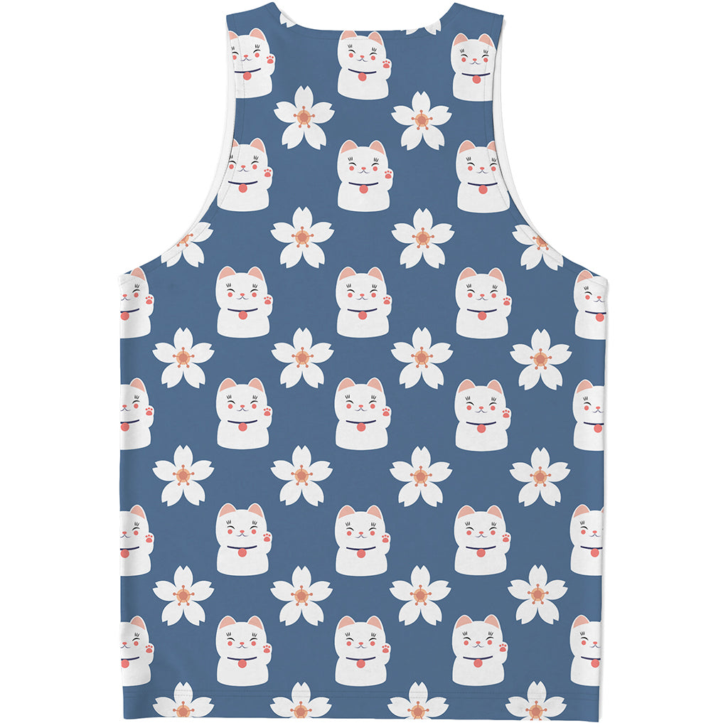 Japanese Lucky Cat And Sakura Print Men's Tank Top