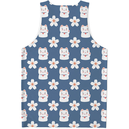 Japanese Lucky Cat And Sakura Print Men's Tank Top