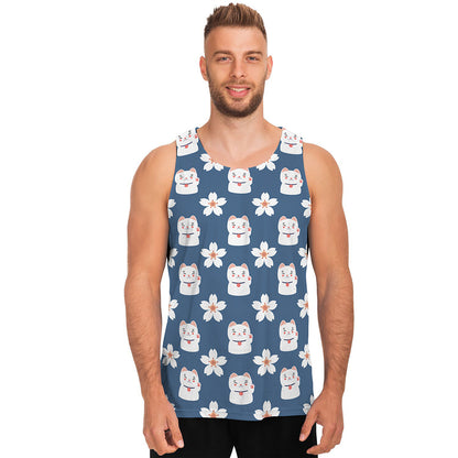 Japanese Lucky Cat And Sakura Print Men's Tank Top