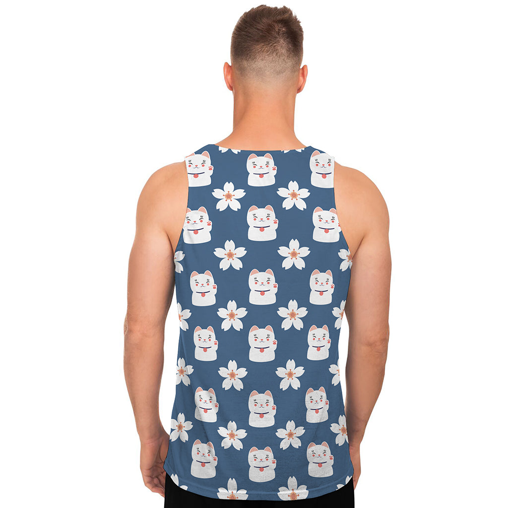 Japanese Lucky Cat And Sakura Print Men's Tank Top
