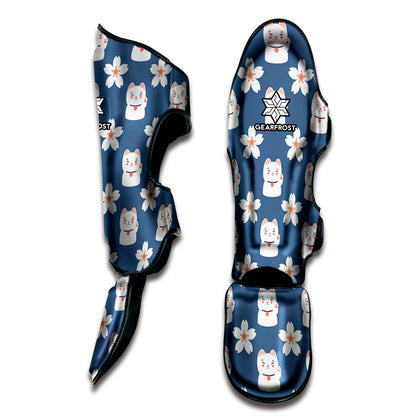Japanese Lucky Cat And Sakura Print Muay Thai Shin Guard
