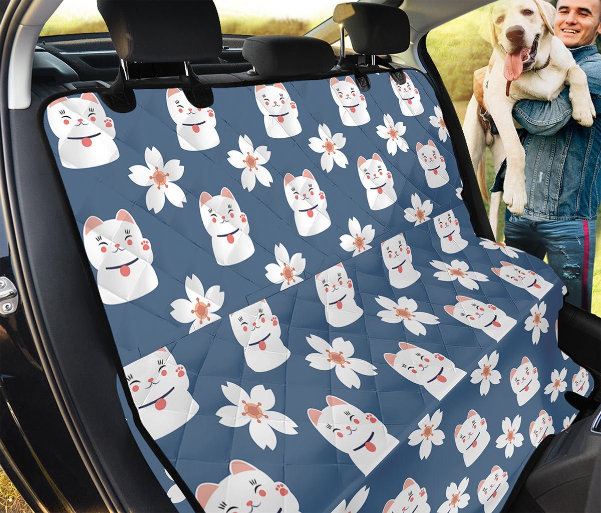 Japanese Lucky Cat And Sakura Print Pet Car Back Seat Cover