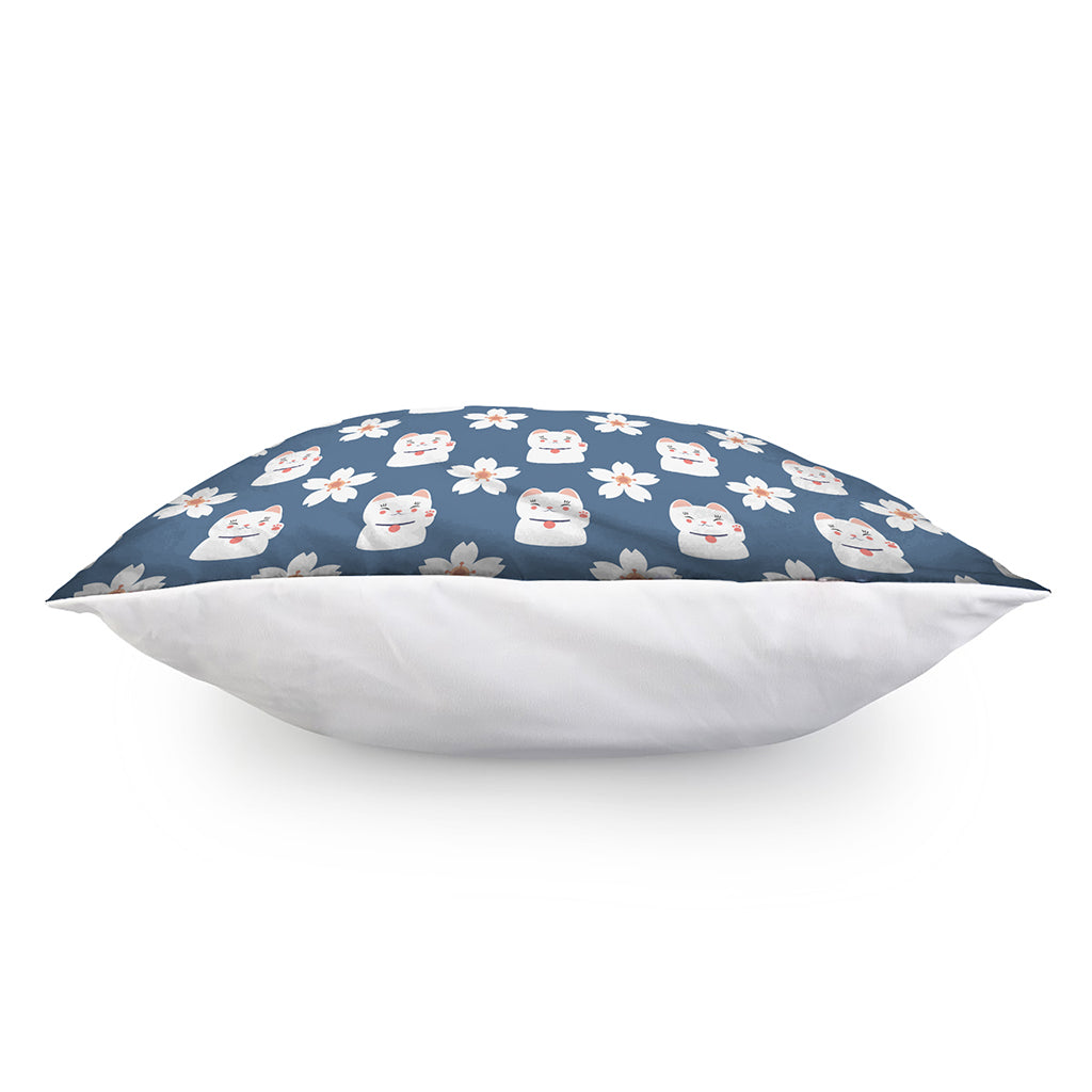 Japanese Lucky Cat And Sakura Print Pillow Cover