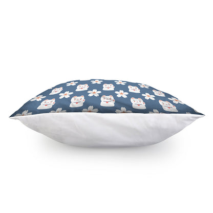 Japanese Lucky Cat And Sakura Print Pillow Cover