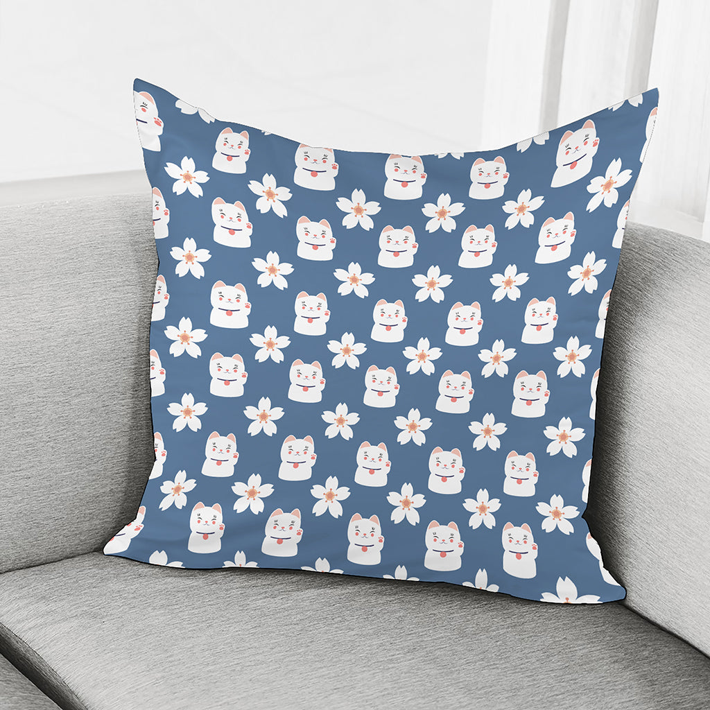 Japanese Lucky Cat And Sakura Print Pillow Cover