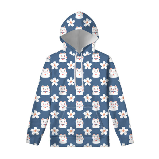 Japanese Lucky Cat And Sakura Print Pullover Hoodie