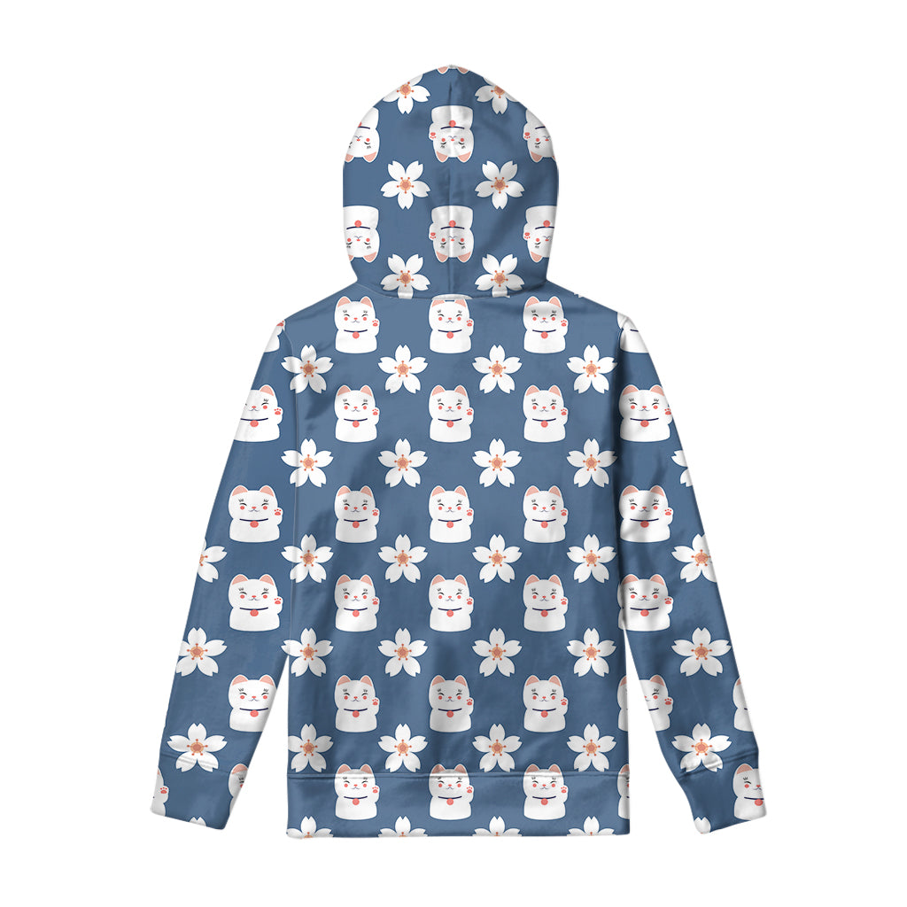 Japanese Lucky Cat And Sakura Print Pullover Hoodie