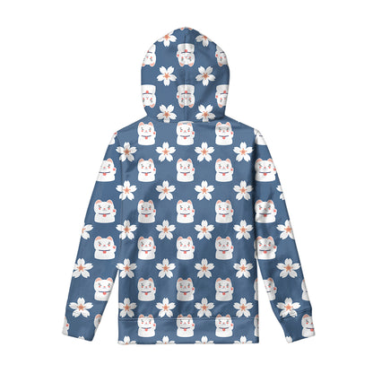 Japanese Lucky Cat And Sakura Print Pullover Hoodie