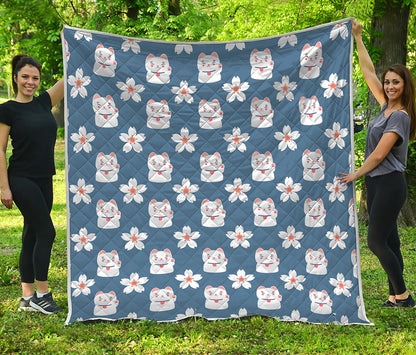Japanese Lucky Cat And Sakura Print Quilt