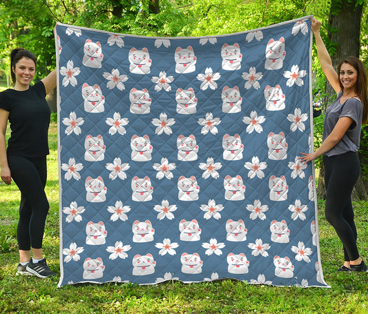Japanese Lucky Cat And Sakura Print Quilt