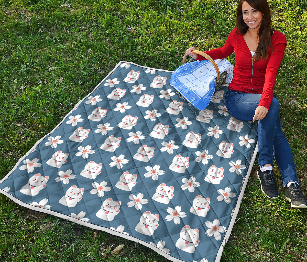 Japanese Lucky Cat And Sakura Print Quilt