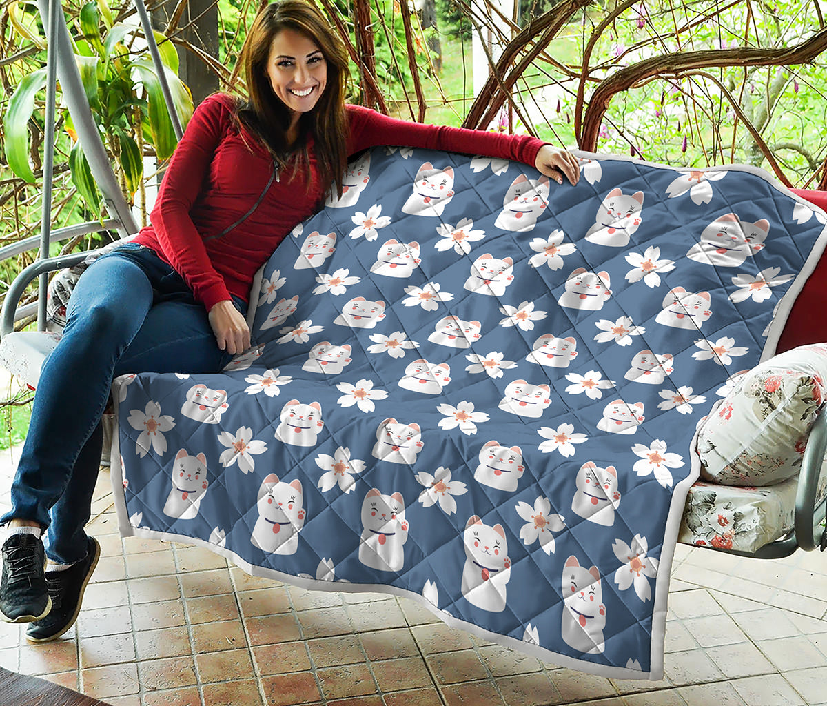 Japanese Lucky Cat And Sakura Print Quilt
