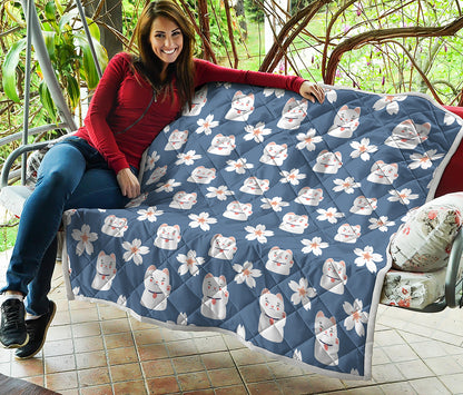 Japanese Lucky Cat And Sakura Print Quilt
