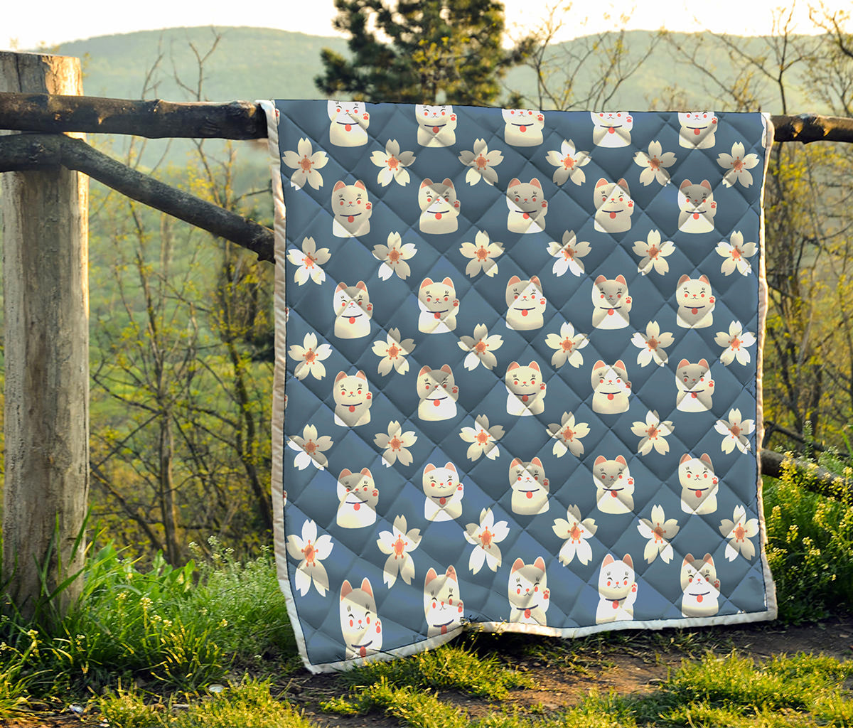 Japanese Lucky Cat And Sakura Print Quilt