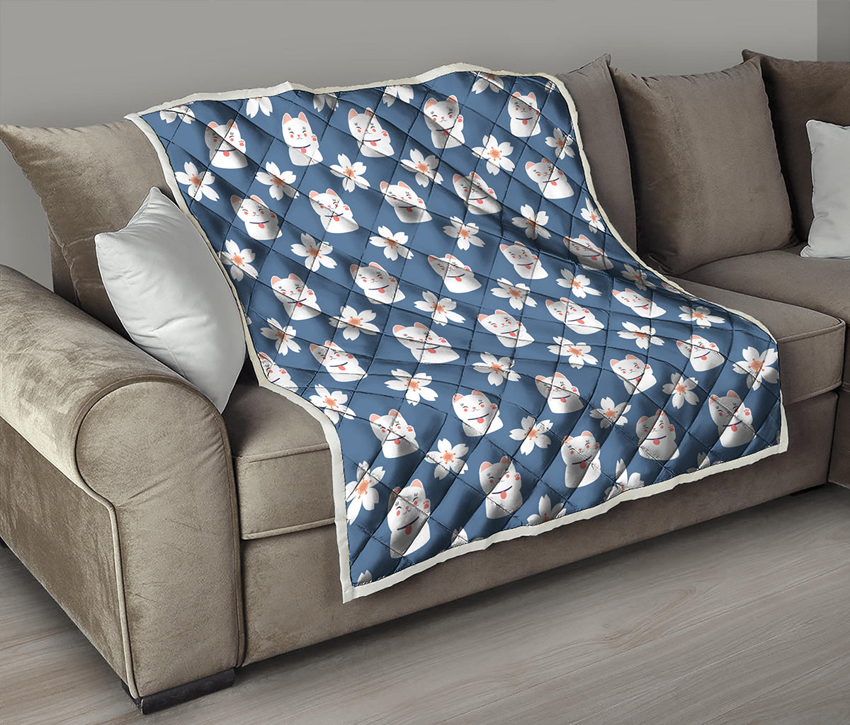 Japanese Lucky Cat And Sakura Print Quilt