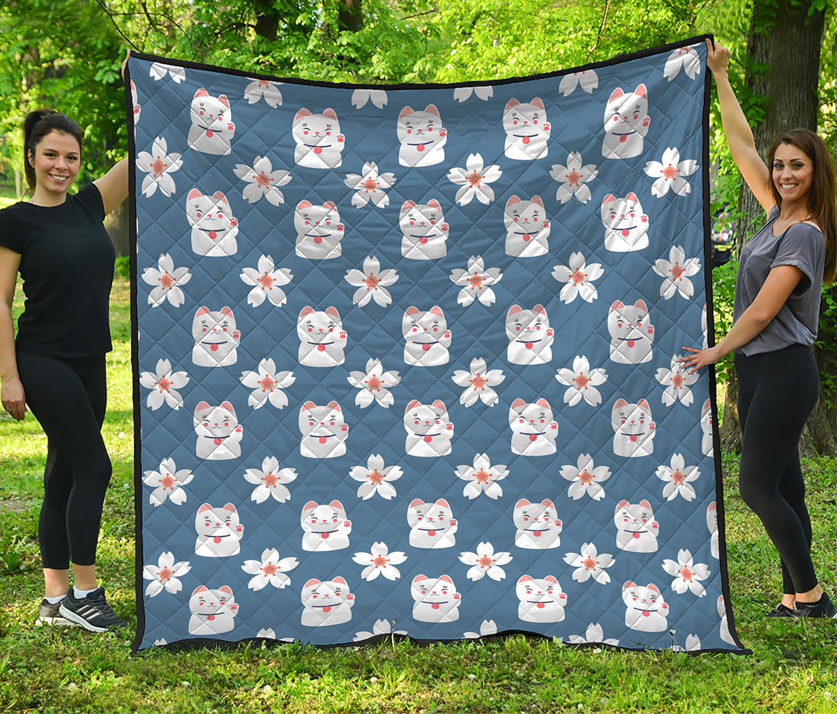 Japanese Lucky Cat And Sakura Print Quilt