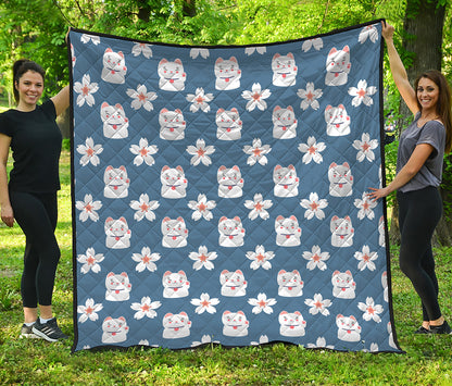 Japanese Lucky Cat And Sakura Print Quilt