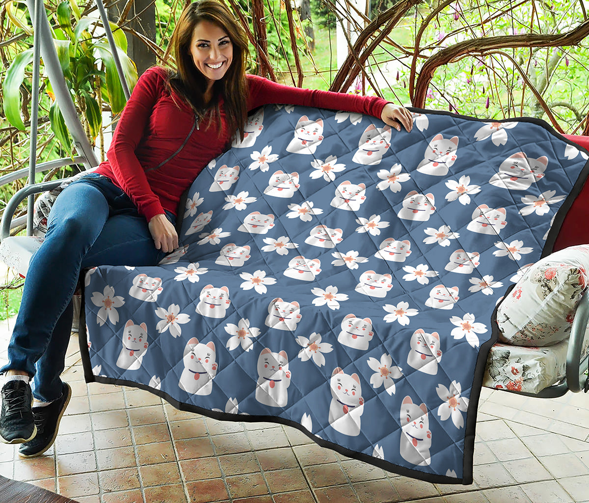 Japanese Lucky Cat And Sakura Print Quilt