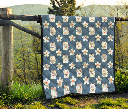 Japanese Lucky Cat And Sakura Print Quilt