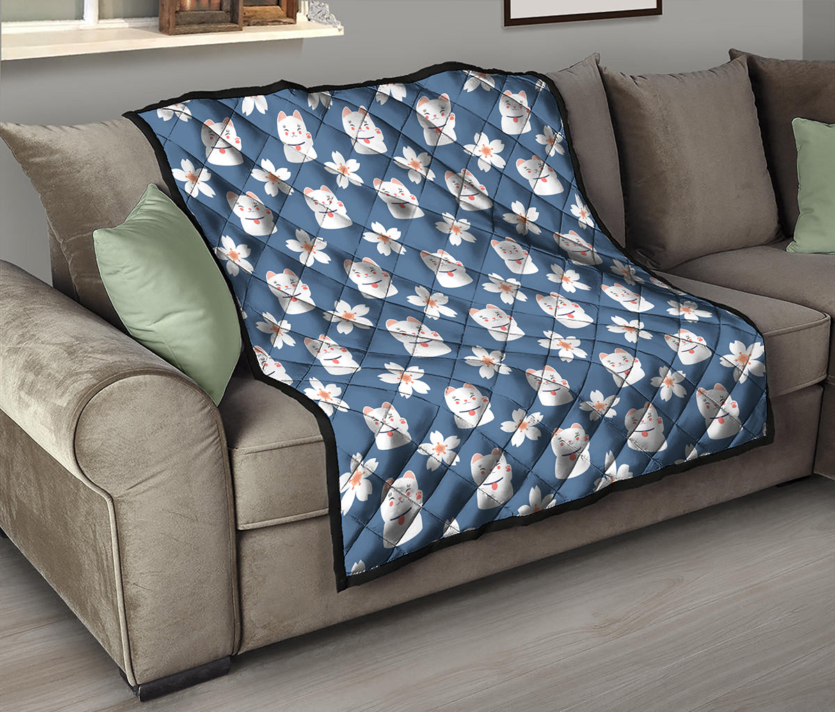 Japanese Lucky Cat And Sakura Print Quilt
