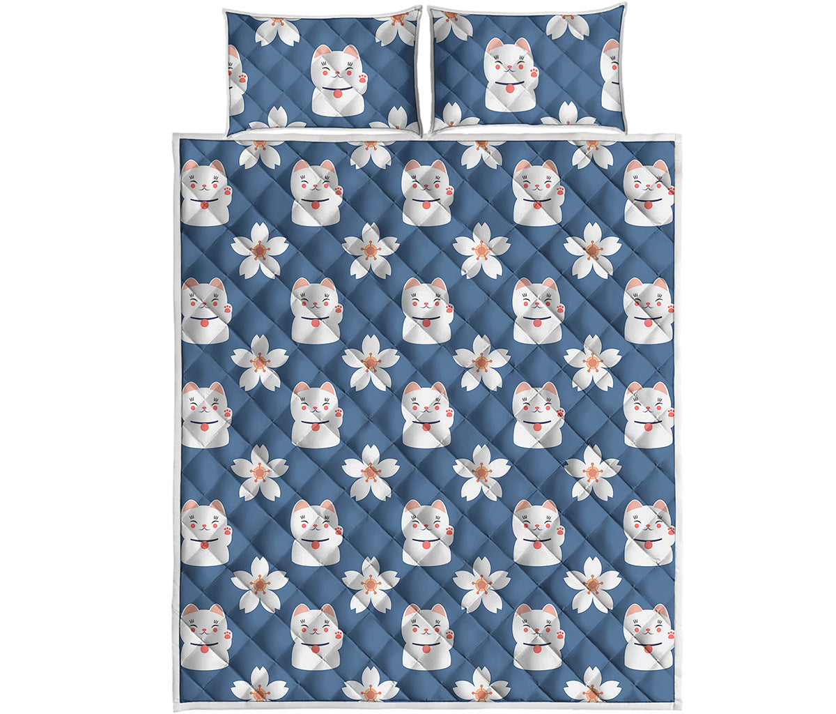 Japanese Lucky Cat And Sakura Print Quilt Bed Set