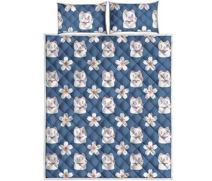 Japanese Lucky Cat And Sakura Print Quilt Bed Set