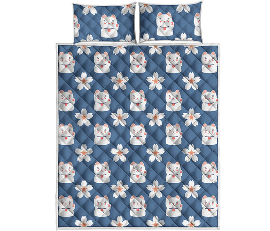 Japanese Lucky Cat And Sakura Print Quilt Bed Set