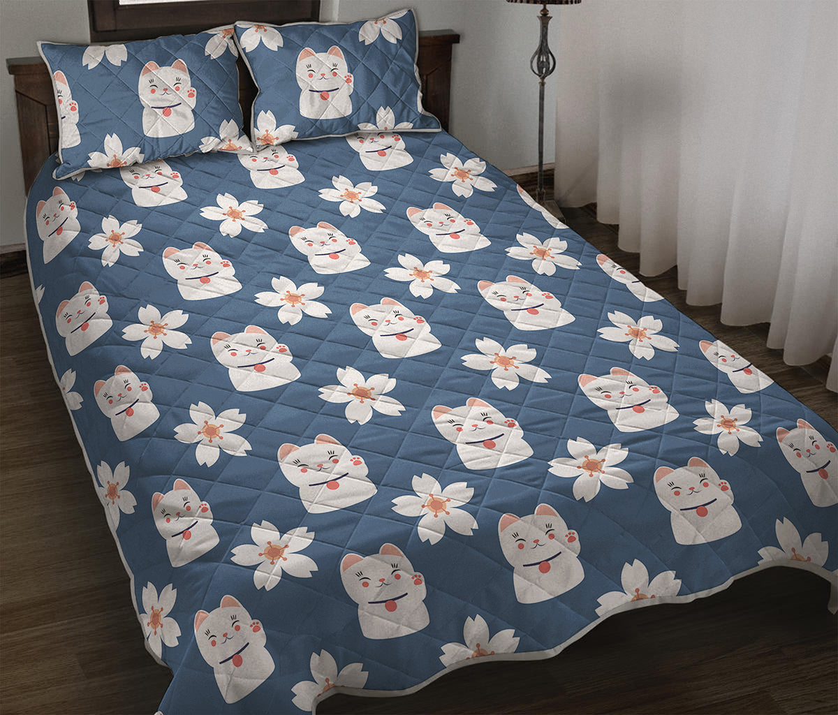 Japanese Lucky Cat And Sakura Print Quilt Bed Set