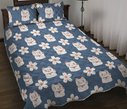 Japanese Lucky Cat And Sakura Print Quilt Bed Set