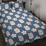 Japanese Lucky Cat And Sakura Print Quilt Bed Set