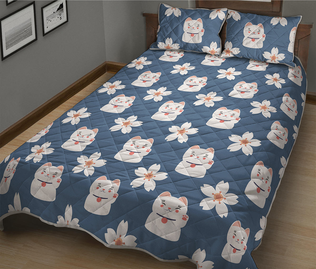 Japanese Lucky Cat And Sakura Print Quilt Bed Set