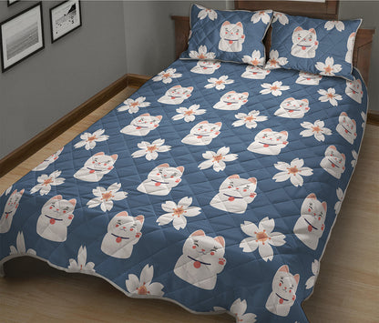 Japanese Lucky Cat And Sakura Print Quilt Bed Set