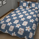 Japanese Lucky Cat And Sakura Print Quilt Bed Set