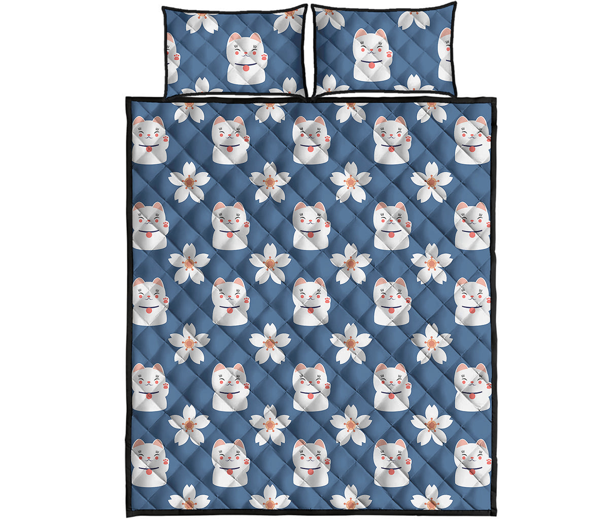Japanese Lucky Cat And Sakura Print Quilt Bed Set