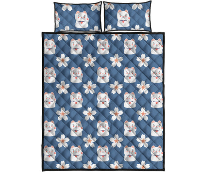 Japanese Lucky Cat And Sakura Print Quilt Bed Set