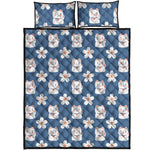 Japanese Lucky Cat And Sakura Print Quilt Bed Set