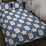 Japanese Lucky Cat And Sakura Print Quilt Bed Set