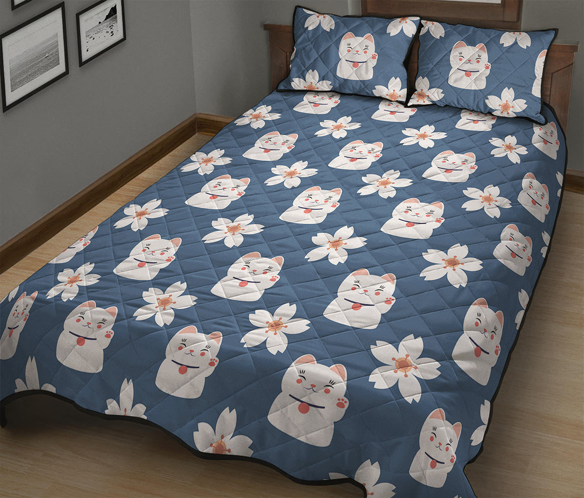 Japanese Lucky Cat And Sakura Print Quilt Bed Set
