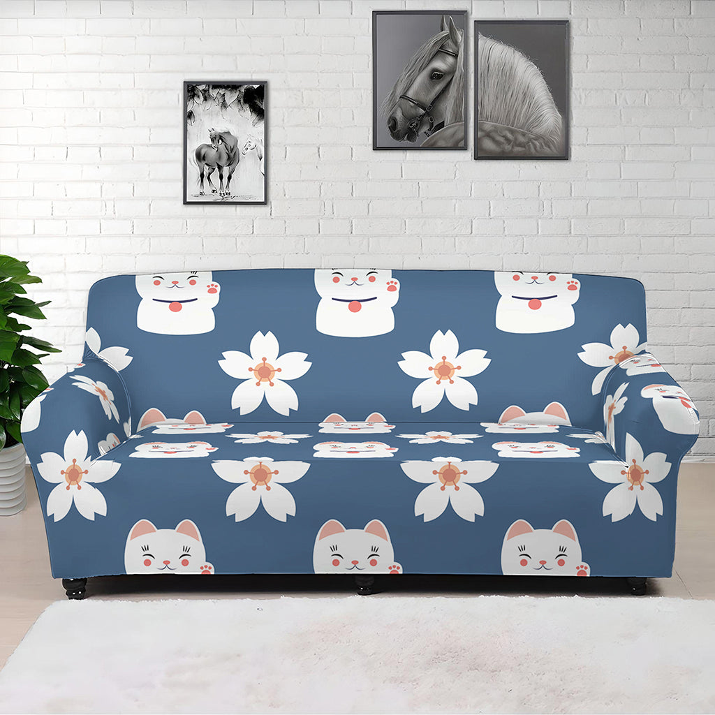Japanese Lucky Cat And Sakura Print Sofa Cover