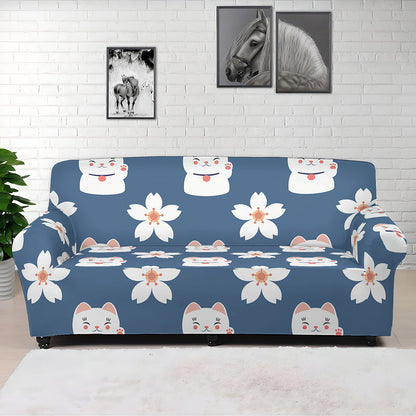 Japanese Lucky Cat And Sakura Print Sofa Cover