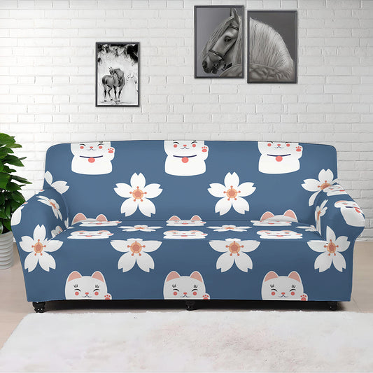 Japanese Lucky Cat And Sakura Print Sofa Cover